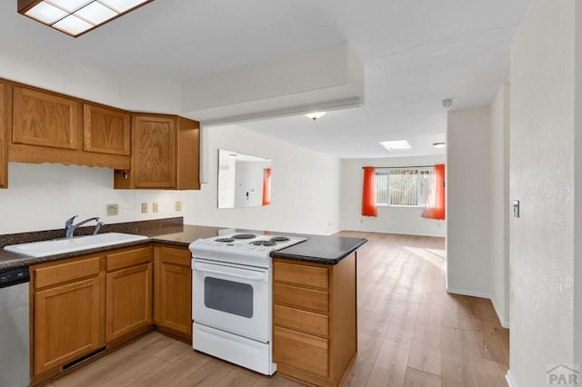 kitchen with dishwasher, electric stove, open floor plan, a peninsula, and a sink