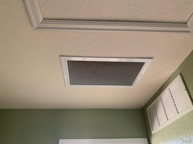 details with a textured ceiling, a textured wall, and visible vents