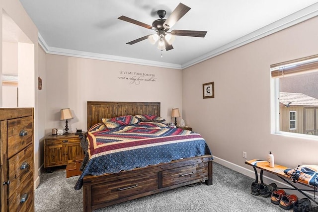 3327 Lions Pride Ln, Pueblo, CO 81005 - bedroom with carpet floors, baseboards, crown molding, and ceiling fan