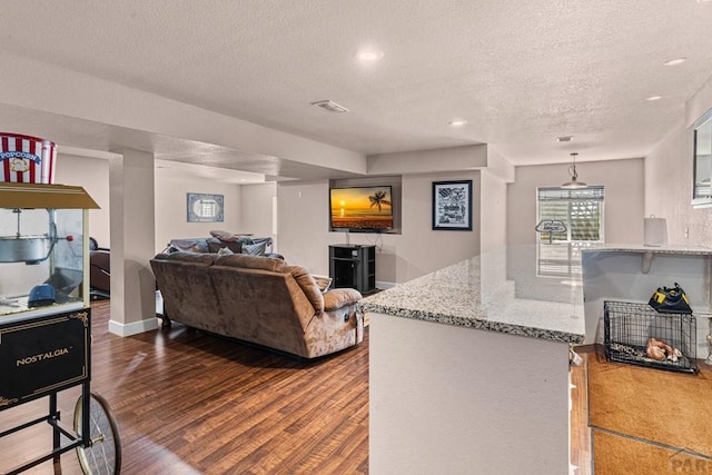 3327 Lions Pride Ln, Pueblo, CO 81005 - living area with a textured ceiling, dark wood-type flooring, recessed lighting, and baseboards
