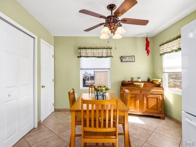 1040 28th Ln, Pueblo, CO 81006 - dining room featuring light tile patterned floors, ceiling fan, and baseboards