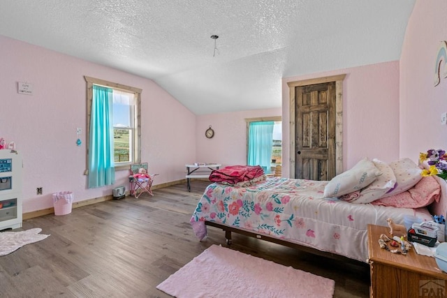 5010 Oak Grove Cir, Westcliffe, CO 81252 - bedroom with a textured ceiling, multiple windows, vaulted ceiling, and wood finished floors