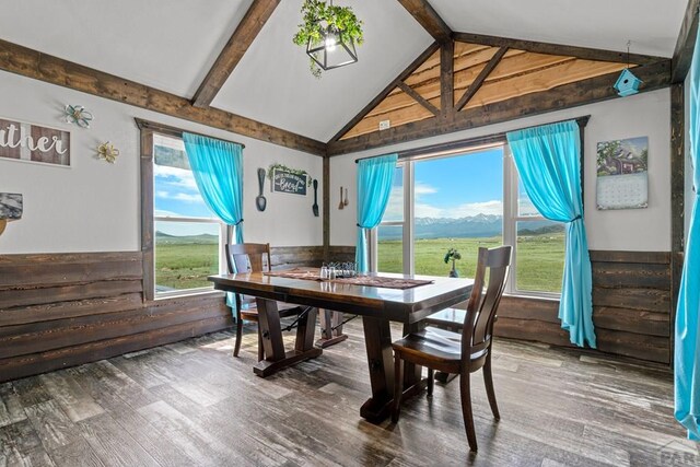 5010 Oak Grove Cir, Westcliffe, CO 81252 - dining area featuring vaulted ceiling with beams, wood finished floors, a wealth of natural light, and wainscoting