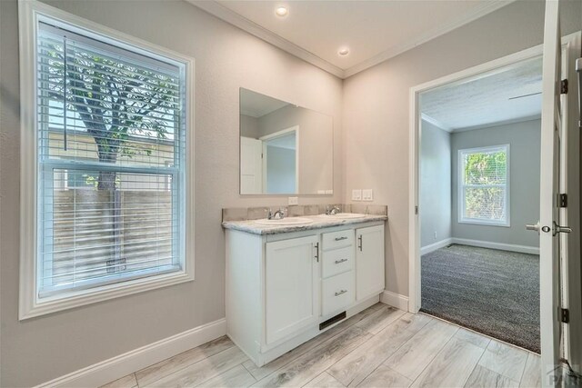 full bathroom with ornamental molding, a sink, baseboards, and double vanity