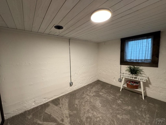 303 S Animas St, Trinidad, CO 81082 - below grade area featuring a textured wall, dark colored carpet, and wood ceiling