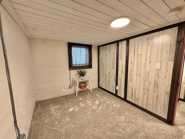 303 S Animas St, Trinidad, CO 81082 - below grade area featuring a textured wall, carpet floors, and wooden ceiling