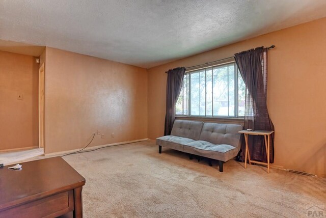 living area featuring carpet, baseboards, and a textured ceiling