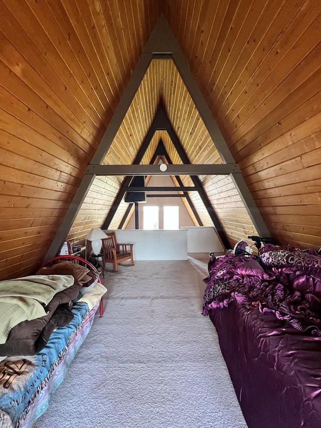 bedroom featuring wooden ceiling, carpet flooring, vaulted ceiling with beams, and wood walls