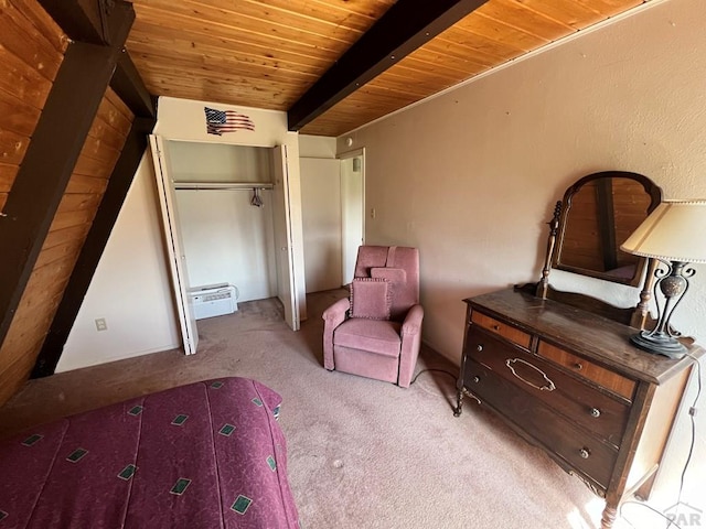 bedroom with light carpet, beamed ceiling, wooden ceiling, and a closet