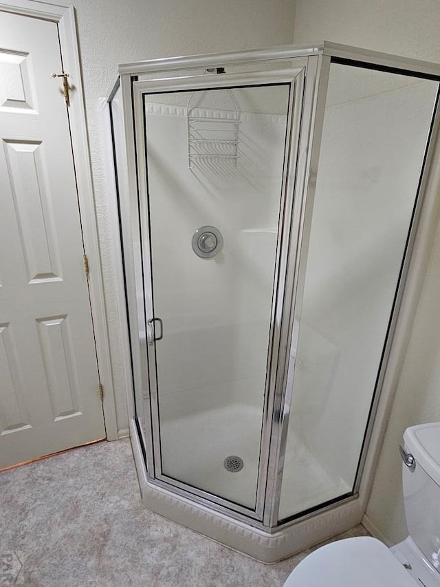 full bathroom featuring a shower stall and toilet