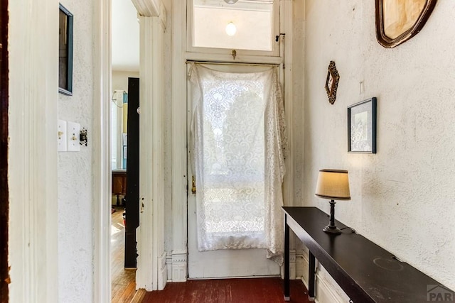 doorway to outside featuring a textured wall and dark wood finished floors