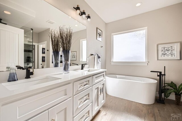 full bath featuring double vanity, a freestanding tub, a sink, and wood finished floors