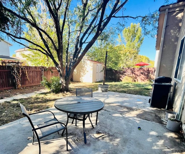 view of patio / terrace featuring an outbuilding, outdoor dining area, a fenced backyard, a storage shed, and area for grilling