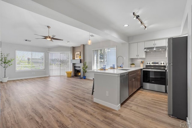 3666 Iguana Dr, Colorado Springs, CO 80910 - kitchen featuring stainless steel appliances, a sink, under cabinet range hood, a peninsula, and open floor plan