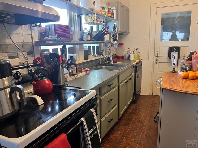 kitchen featuring stove, dark wood-type flooring, a sink, dishwasher, and extractor fan