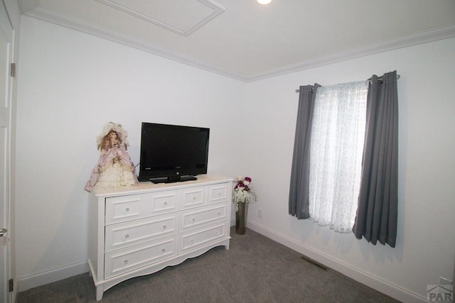 218 W Thurlow Ave, Cripple Creek, CO 80813 - bedroom featuring dark colored carpet, crown molding, and baseboards