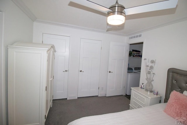 218 W Thurlow Ave, Cripple Creek, CO 80813 - carpeted bedroom featuring crown molding, separate washer and dryer, and a ceiling fan