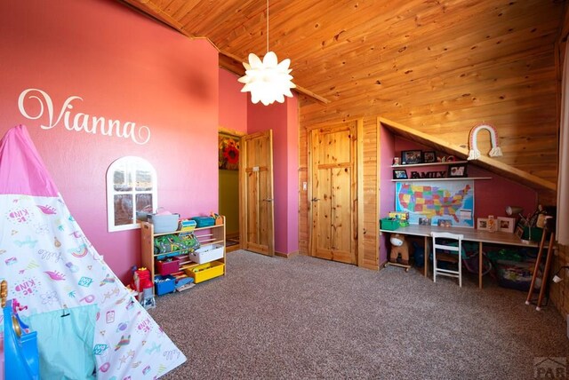 1160 Diamond Black Trl, Canon City, CO 81212 - recreation room with vaulted ceiling, wooden ceiling, and carpet floors