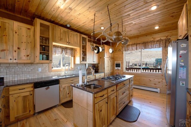 1160 Diamond Black Trl, Canon City, CO 81212 - kitchen featuring a sink, wood ceiling, baseboard heating, and stainless steel appliances