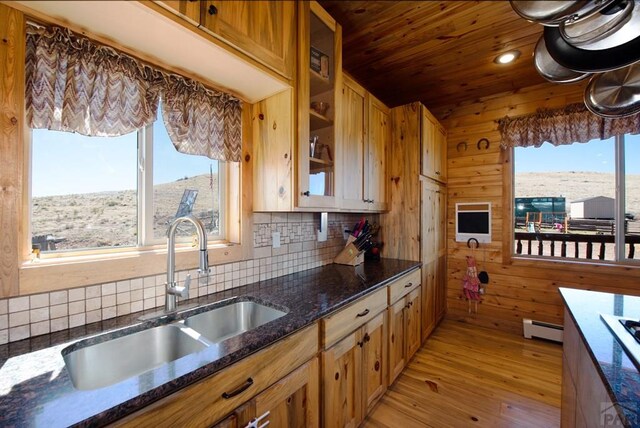 1160 Diamond Black Trl, Canon City, CO 81212 - kitchen with tasteful backsplash, wooden ceiling, a sink, a baseboard radiator, and light wood finished floors