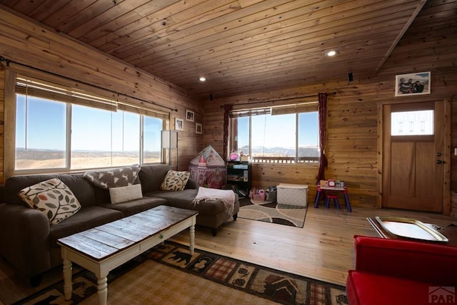 1160 Diamond Black Trl, Canon City, CO 81212 - living room featuring wooden walls, recessed lighting, wooden ceiling, and hardwood / wood-style flooring