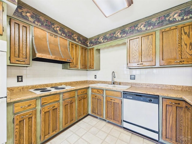9 Woodsorrel Ct, Pueblo, CO 81001 - kitchen with white appliances, a sink, wall chimney exhaust hood, and backsplash