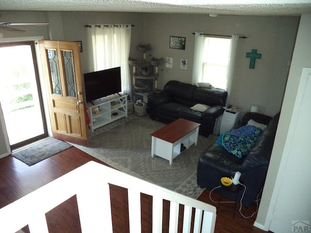 living area with ceiling fan, wood finished floors, and a textured ceiling