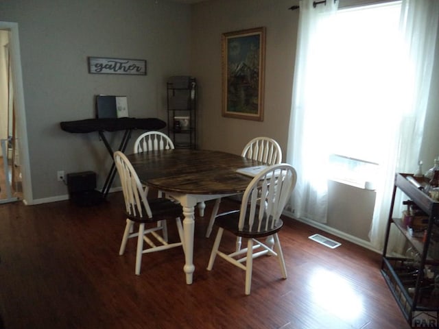 dining room featuring visible vents, baseboards, and dark wood-style floors