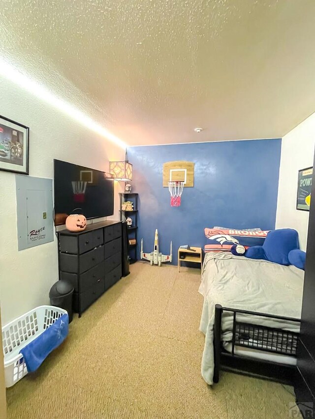 carpeted bedroom with a textured ceiling