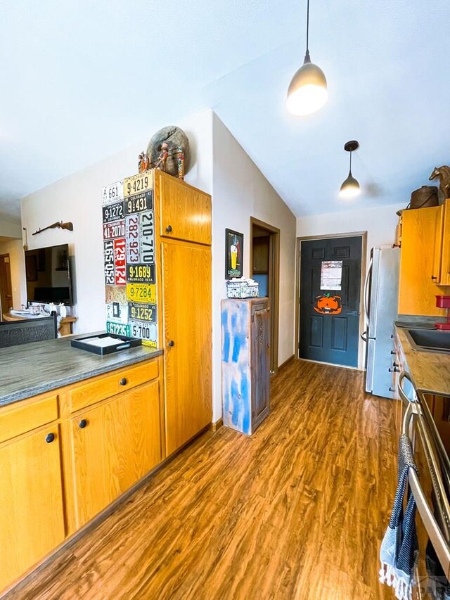 kitchen with stainless steel appliances, dark countertops, pendant lighting, and dark wood-style floors