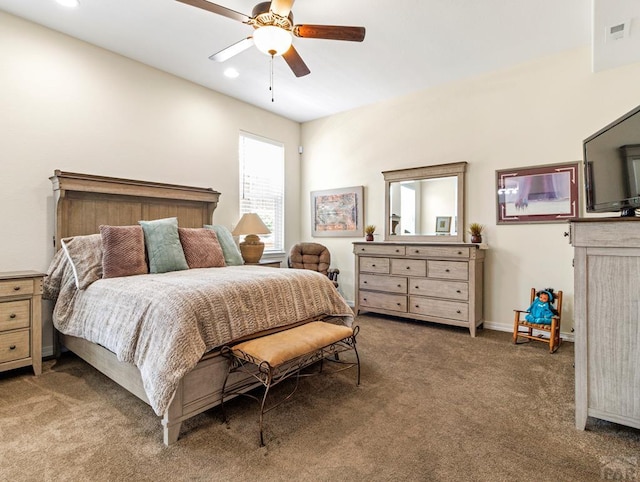 carpeted bedroom featuring a ceiling fan, recessed lighting, and baseboards