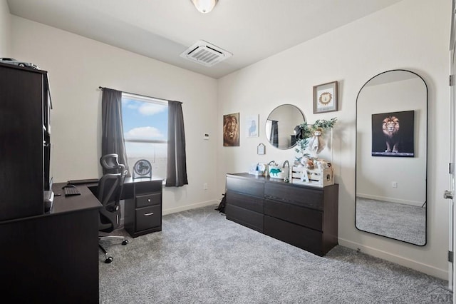 home office featuring baseboards, visible vents, and carpet flooring