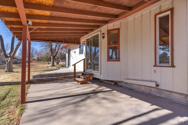 view of patio featuring baseboard heating and entry steps