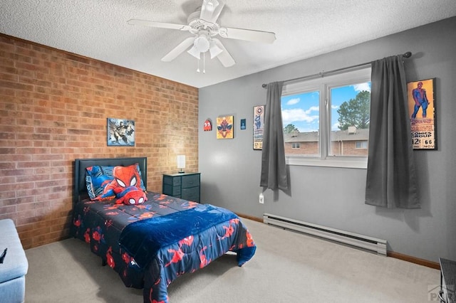 bedroom featuring baseboards, a ceiling fan, baseboard heating, a textured ceiling, and carpet flooring