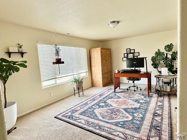 home office featuring a textured ceiling, carpet, visible vents, and baseboards