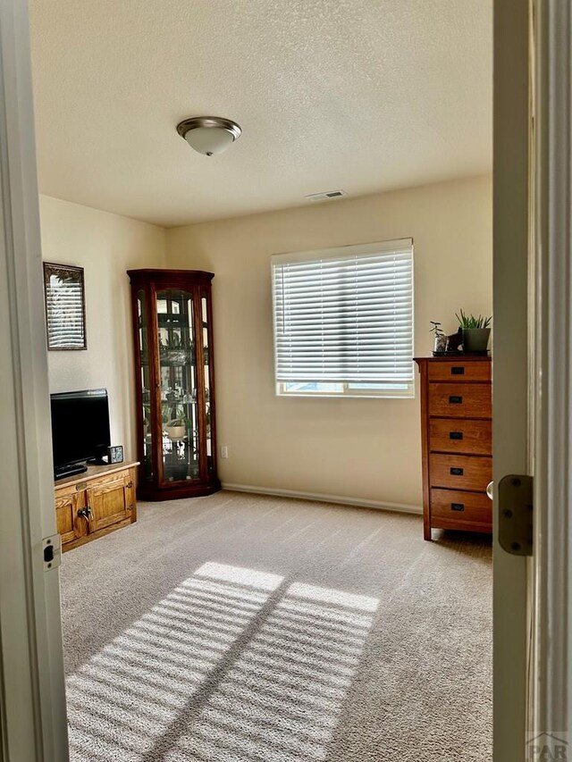 living area with light colored carpet, visible vents, a textured ceiling, and baseboards