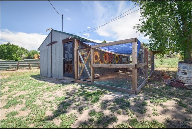 view of poultry coop with fence