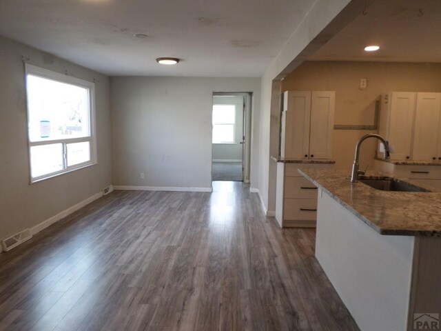 3023 Cascade Ave, Pueblo, CO 81008 - kitchen featuring visible vents, baseboards, a sink, dark wood finished floors, and stone counters