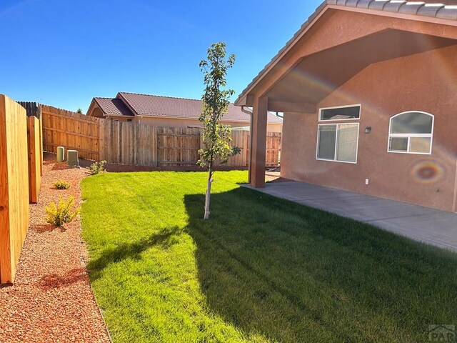 view of yard featuring a patio area and a fenced backyard