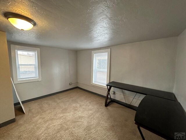 interior space with a wealth of natural light, a textured ceiling, and baseboards