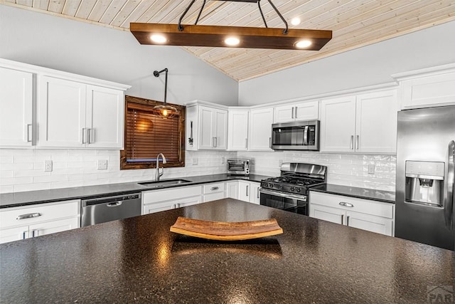 1401 Larkspur Ln, Westcliffe, CO 81252 - kitchen with a sink, dark countertops, appliances with stainless steel finishes, and white cabinetry