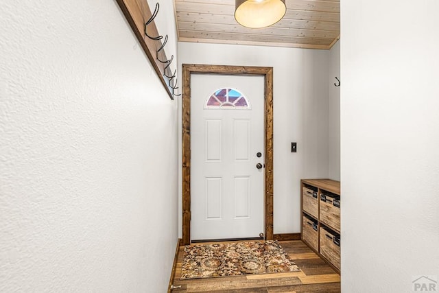 1401 Larkspur Ln, Westcliffe, CO 81252 - entryway with baseboards, wood finished floors, and wooden ceiling