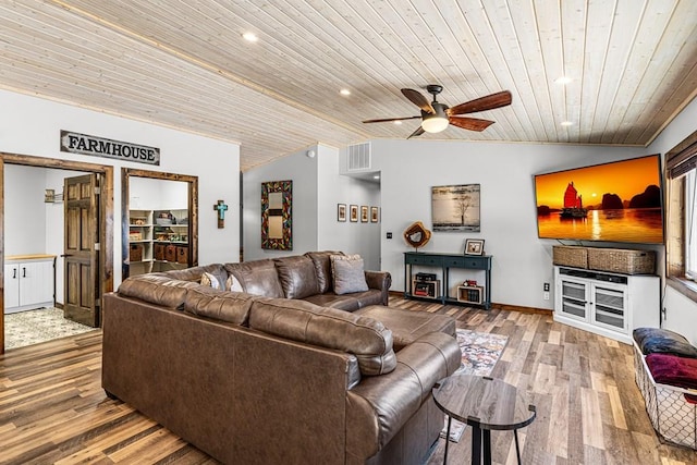 1401 Larkspur Ln, Westcliffe, CO 81252 - living room featuring visible vents, lofted ceiling, recessed lighting, wooden ceiling, and wood finished floors