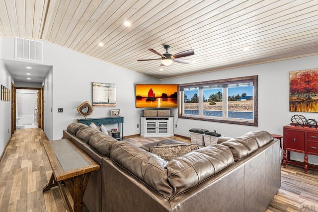 1401 Larkspur Ln, Westcliffe, CO 81252 - living area featuring visible vents, ceiling fan, lofted ceiling, wooden ceiling, and light wood-style floors