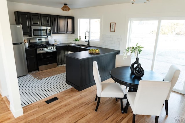 kitchen with dark countertops, visible vents, backsplash, appliances with stainless steel finishes, and a sink