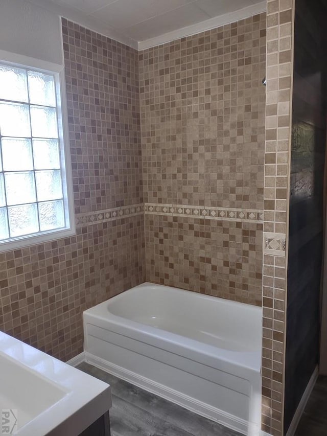 bathroom featuring plenty of natural light, tile walls, and wood finished floors