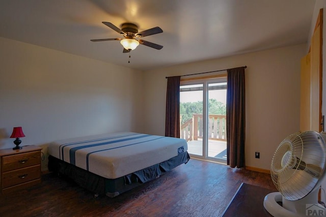 bedroom with ceiling fan, access to outside, baseboards, and dark wood finished floors