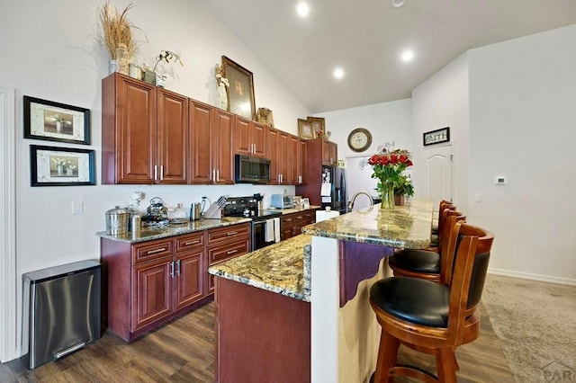 kitchen featuring lofted ceiling, a breakfast bar, stainless steel electric range, light stone countertops, and an island with sink