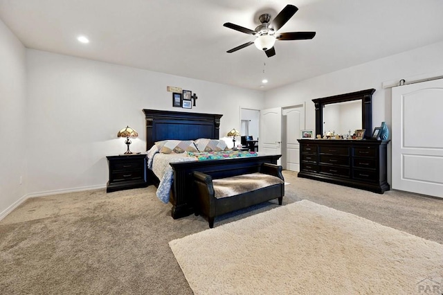 bedroom featuring recessed lighting, light carpet, ceiling fan, and baseboards