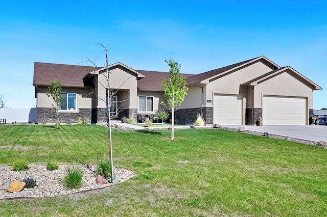 view of front of property with a garage, stone siding, a front lawn, and stucco siding